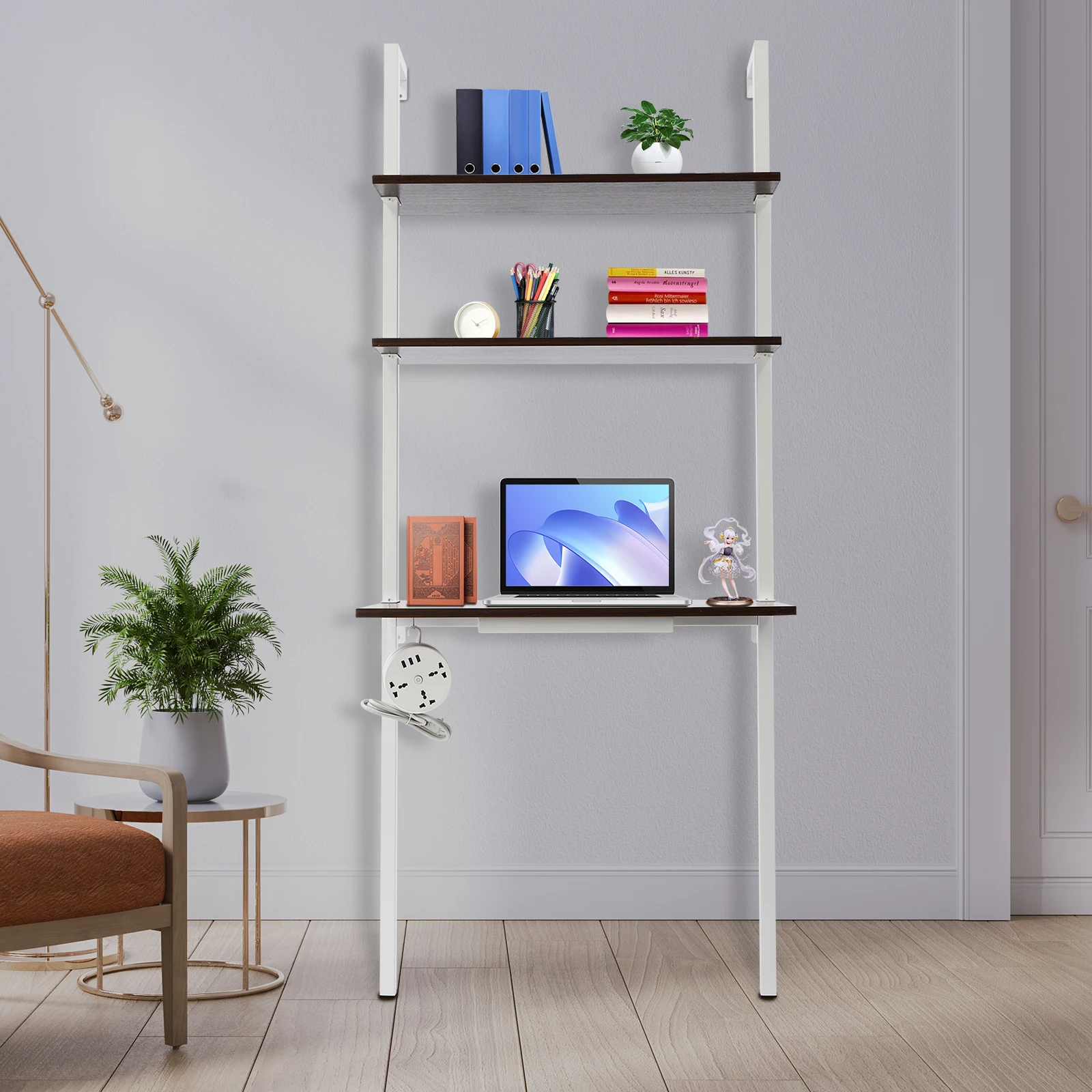 

Laptop Desk with Shelves 2-Shelf Wall Mount Desk with Power Strip, Modern Computer Writing Table for Work Platform Ladder Desk