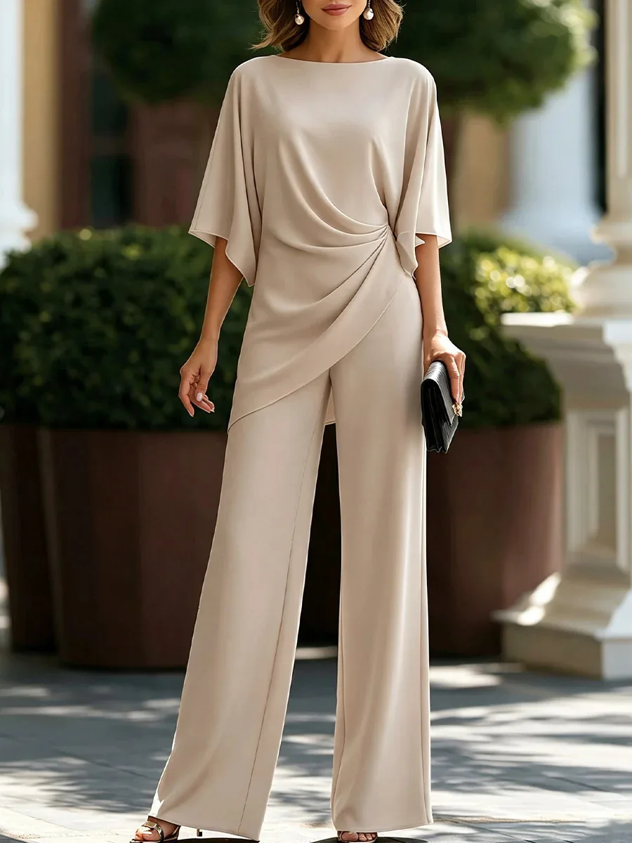Women Boat Neck Batwing Sleeve Side Ruched Wrap Top Wide Leg Pants Two Piece Outfit Set