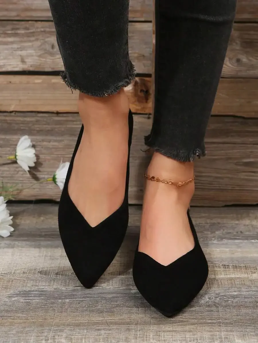 

Black Pointed Toe Slip-On Flats For Women, Solid Color Ballet Flats, Spring Autumn Casual Shoes