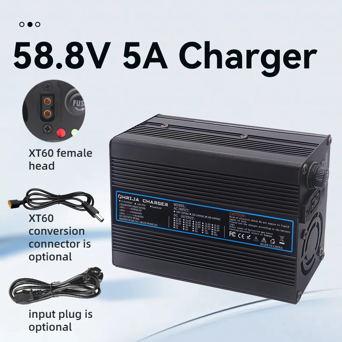

58.8V 5A Lithium charger quick aluminum shell suitable 14S 51.8V & Interchangeable Connector Fast stabilization with cooling fan
