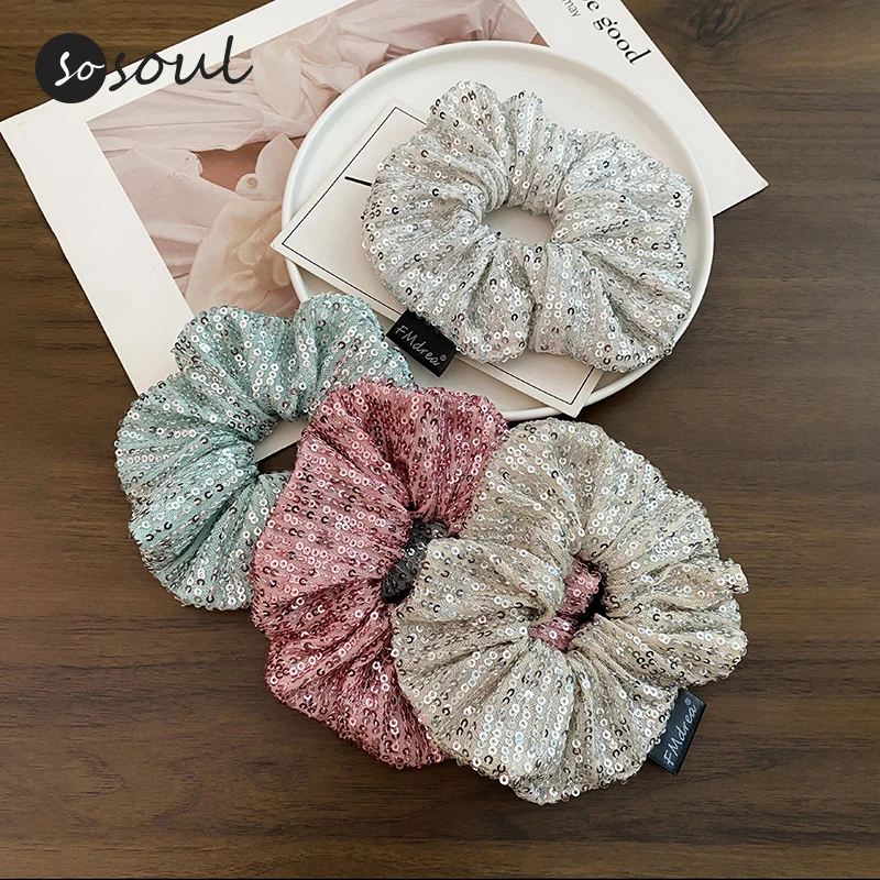 Vintage Scrunchies With Sequins for Girls and Women Elastic Hair Ties