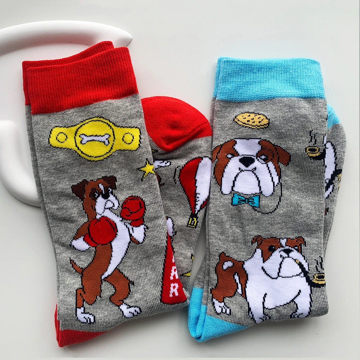 CHAOZHU 2 Pairs American Bulldog Boxing Fashion Grey Socks For Couples Lovers Size 37-42 Fit US Size 6-9 Crew Socks Unisex