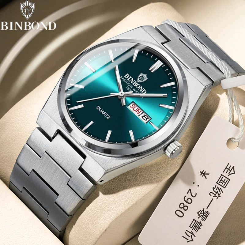 BINBOND Luxury Watch for Man Elegant Date Week Waterproof Luminous Men Watch Quartz Stainless Steel Sports Men\'s Watches reloj