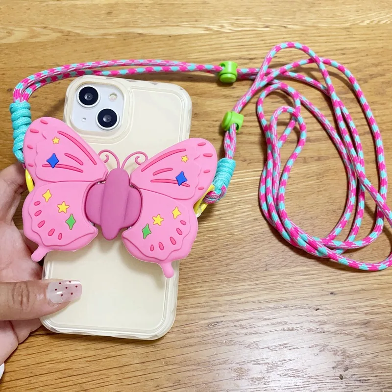 Fashion Universal Mobile Phone Lanyard Pink Butterfly Braided Rope Can Be Inclined Span Portable Anti Loss Mobile Phone Lanyard