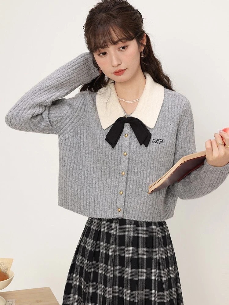 HOUZHOU elegante stile Preppy donna maglioni dolce Coquette stile coreano fiocco Cardigan lavorato a maglia ritagliata Casual vecchio denaro