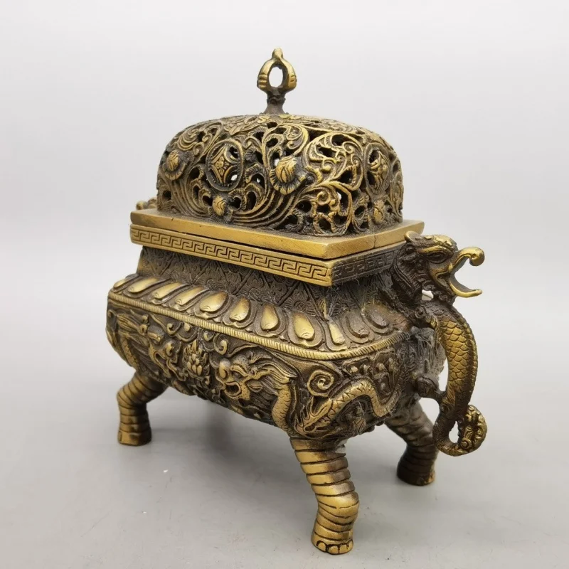 Promotion Antique Pure Copper Double Dragon Incense Burner Tibetan Pattern Four-Corner Incense Burner Home Worship Interior Deco