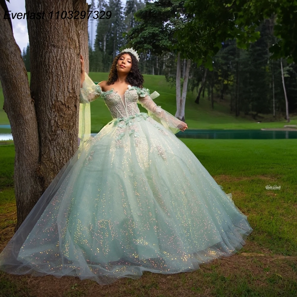 EVLAST Customized Sage Green Quinceanera Dress Ball Gown Floral Applique Beaded Meixco Corset Sweet 16 Vestido De 15 Anos QD1175