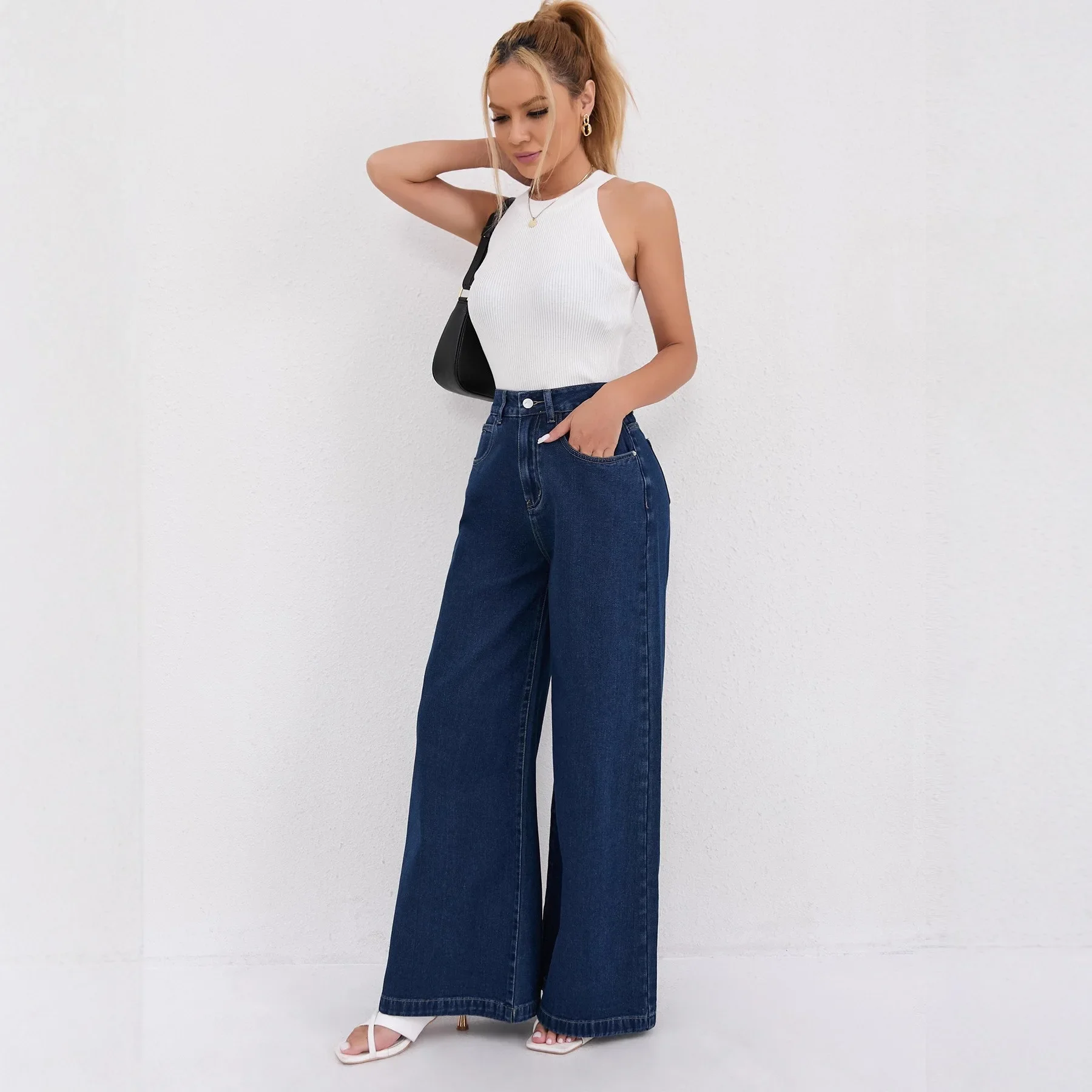 Women Wide Leg Pants Washed Streetwear Loose Pockets Denim Pant Solid Simple Trousers Floor Length Lady Jeans Autumn spring
