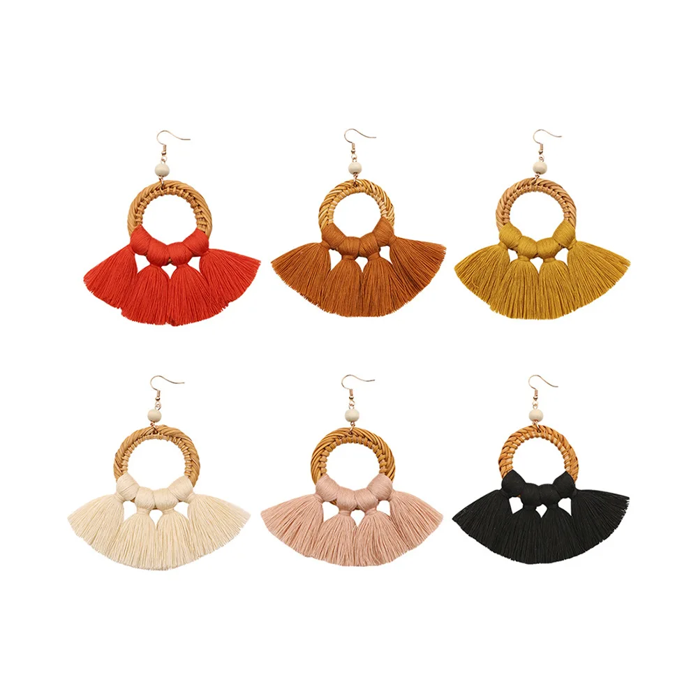 

Women Fashion Hand-knitting Rattan Tassel Earrings Summer Beach Ladies Hoop Earrings Bohemian Jewelry Holiday