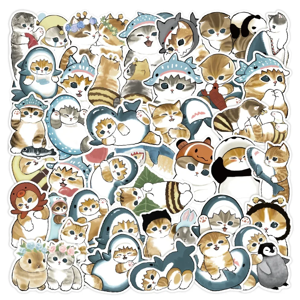 

50PCS Cute Shark Cat Graffiti Decals for Phone Water Cup Luggage Computer Fridge Sticker Pack Cartoon Cats Design