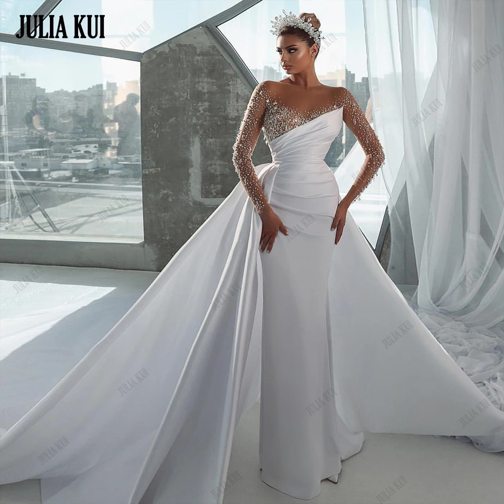 

Julia Kui Vintage Satin 2 In 1 Mermaid Wedding Dresses Beading Crystals And Pearls Full Sleeves Women Trumpet Bridal Gowns