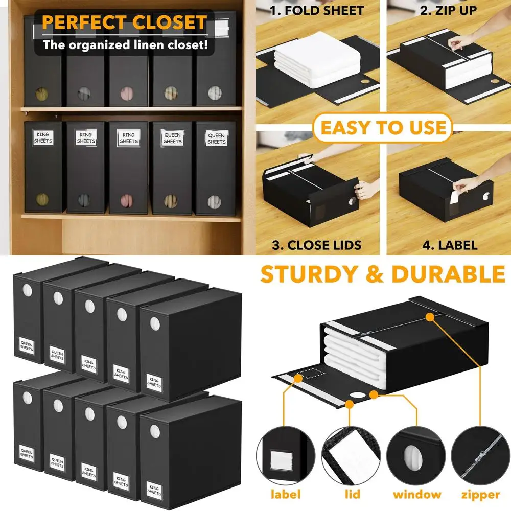

XL Queen & King Bed Sheet Organizers, Collapsible Storage for Linen, Black