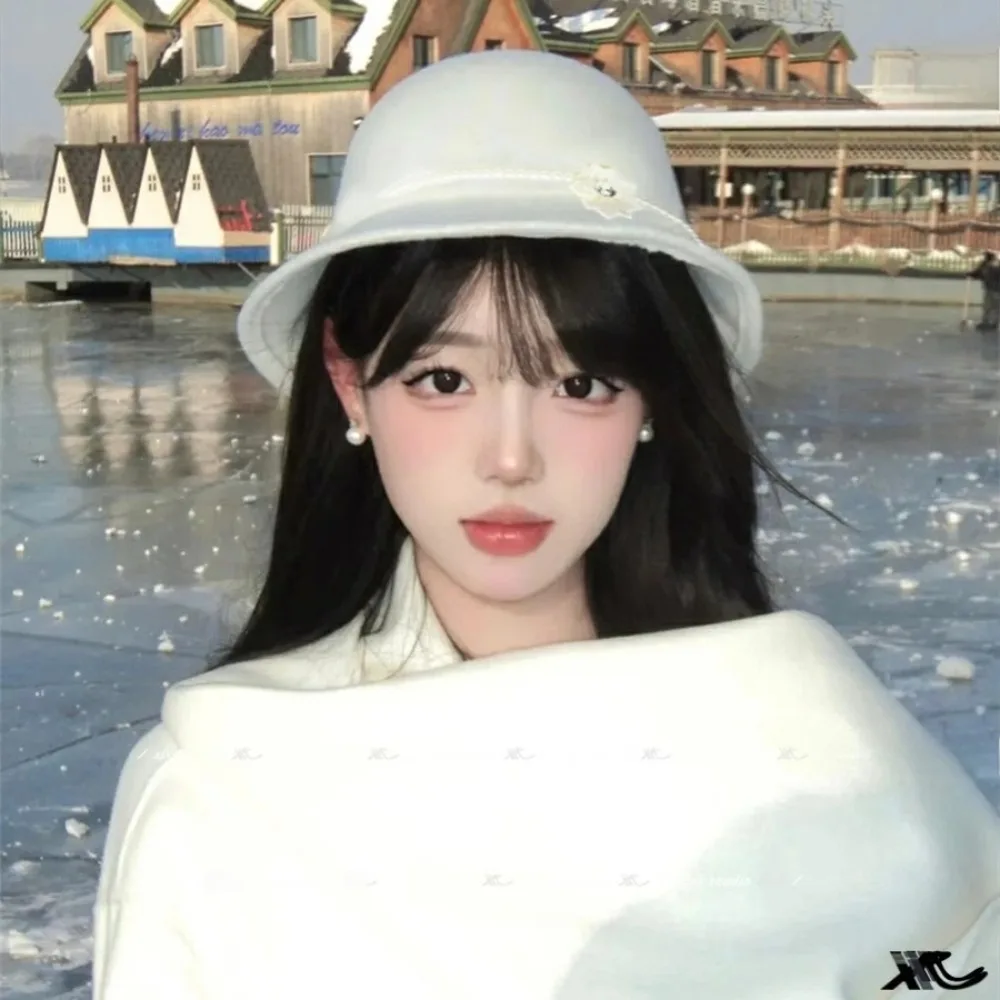 خمر لؤلؤة زهرة توبر قبعة النمط الفرنسي الدافئة صياد قبعة هيبورن الصوفية قبعة بحافة الكنيسة #2