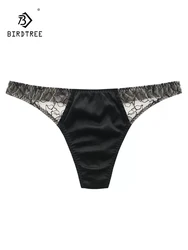 BirdTree 93%Real Silk Sexy Briefs, Women's Lace Low-Waisted Thong, Transparent Erotic Basic T-back, 2024 Spring Summer P41949QC