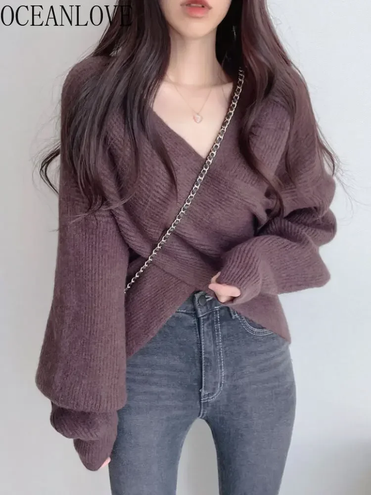 OCEANLOVE Autumn Winter Women Sweaters V Neck Cross Short Vintage Pull Femme Korean Fashion Elegant All Match Pullovers