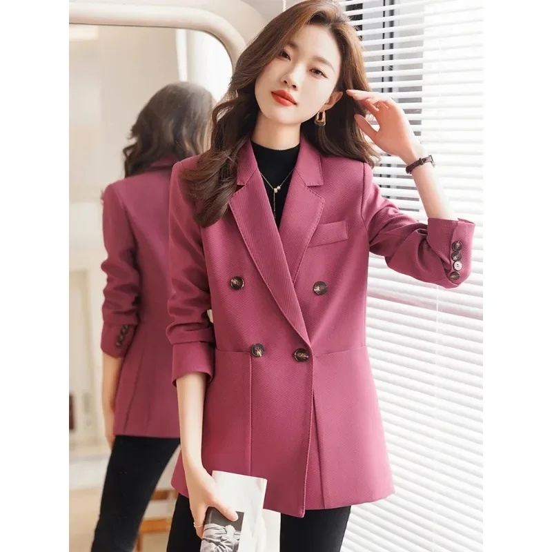 Jaket lengan panjang wanita, Blazer kasual lengan panjang kancing sebaris, jaket mantel longgar warna merah muda hijau hitam krem musim gugur untuk wanita