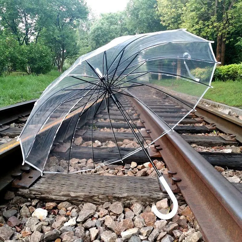 مظلة شفافة محسنة بـ24 ضلعًا مع مقبض طويل وخطاف منحني، مظلة بيضاء معززة بـ6 ضلعًا ذات قيمة جمالية عالية للطلاب
