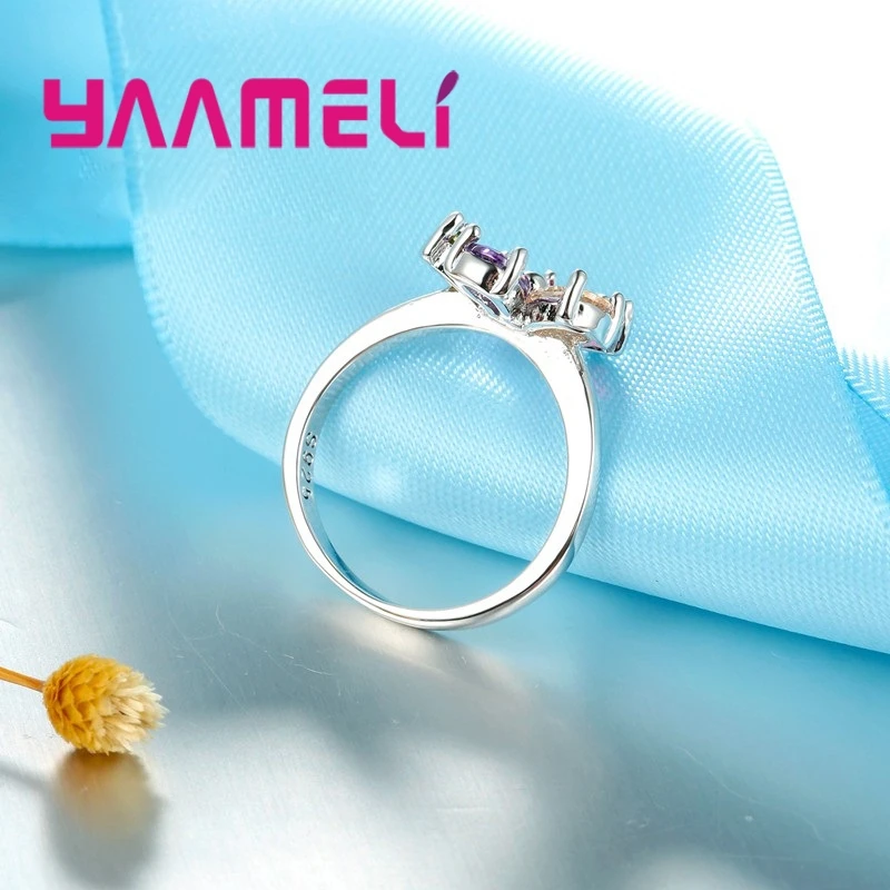 Beautiful Flower Shape Colorful Crystal 925 Sterling Silver Color Women Wedding Engagement Rings Fashion Party Finger Jewelry