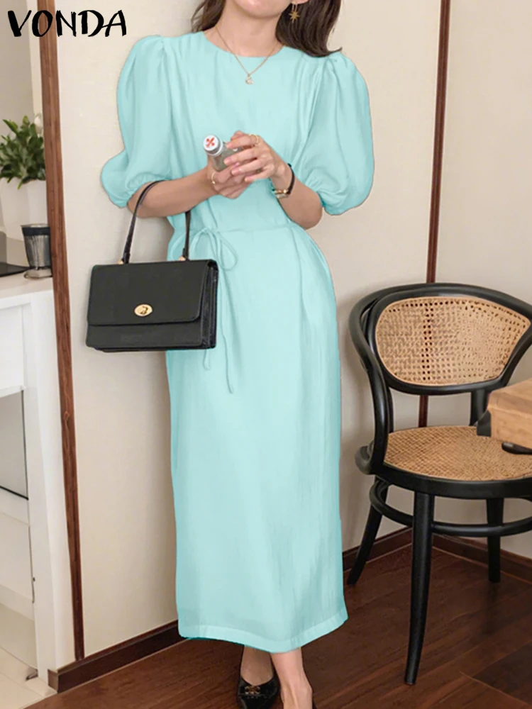 Vonda verão elegante camisa longa vestidos femininos manga puff sólido maxi vestidos 2025 moda casual com cinto bandagem festa robe