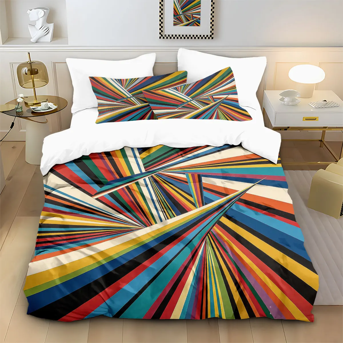 3PCS Multicolor Radiant Geometric Stripe Duvet Cover Set, Soft Decorative Bedding, Machine Washable, Without Comforter Insert