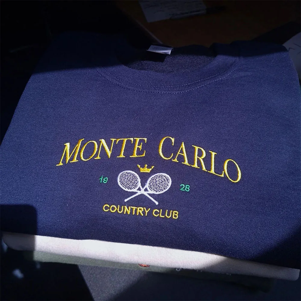 Monte Carlo Country Club Vintage Unisex Embroidered Sweatshirts Autumn Crewneck Thick Cotton Warm Pullover Tennis Lover's Tops