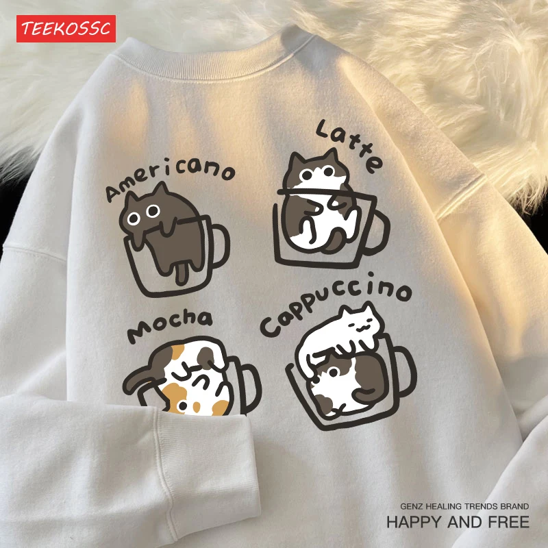 Cat Coffee Warm Fleece Trendy Autumn Loose Long Sleeve Hoody Men Women Original Mocha Latte Cat Three Flowers Fun Cat Sweatshirt