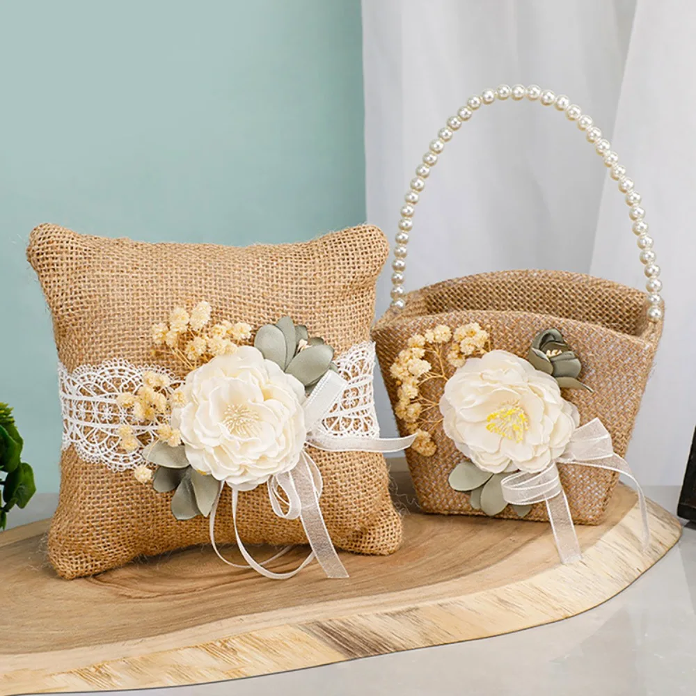 Artificial Wedding Flower Basket & Ring Cushion  Linen Wedding Flower Girl Basket Ring Bearer Pillows Set Wedding Accessories