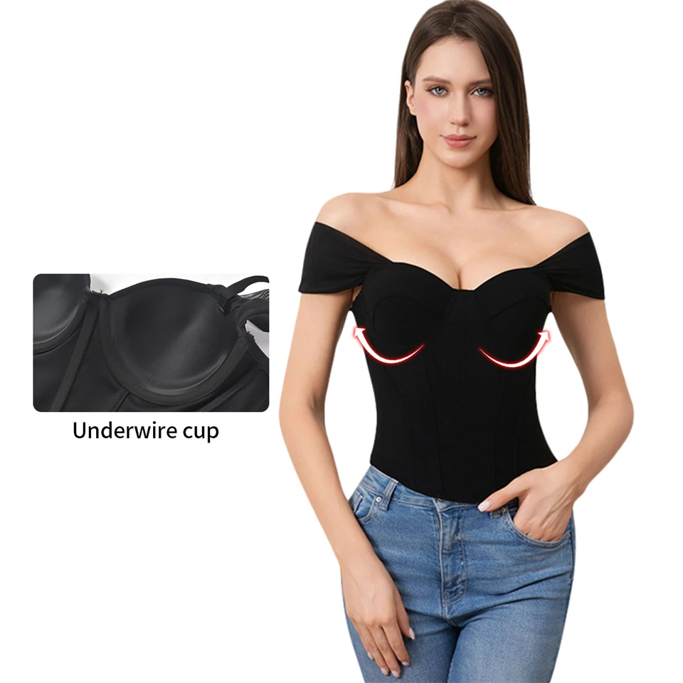 Becirzet Damen Schwarzes Korsett, Drahtloser BH, Sexy Off-Shoulder-Top, Vintage-Fischgrätenmuster, Taillenbetonendes Tanktop – Detail 2