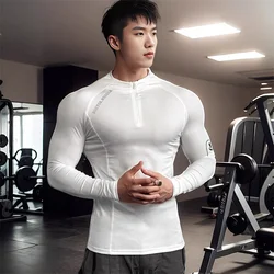 high quality zipper sports spring autumn fitness T-shirt men clothes training long sleeved quick drying elastic tight T-shirt