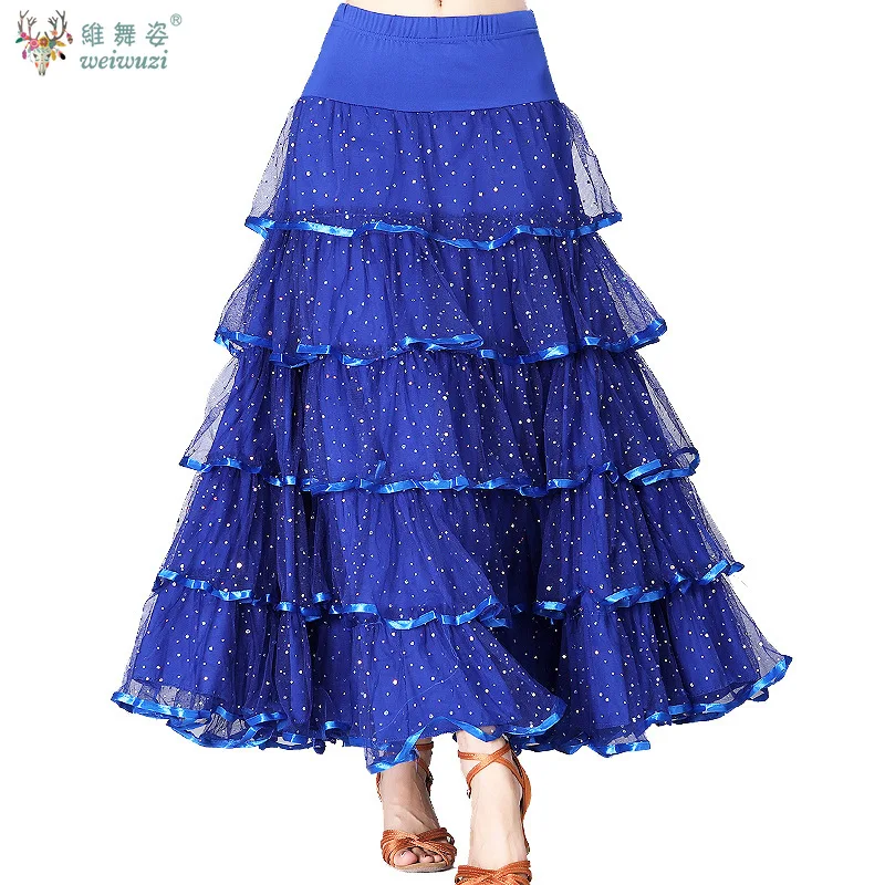 ผู้หญิงห้องบอลรูมเต้นรํา 360 องศายาว Swing Latin Salsa Rumba Flamenco Tango Dance กระโปรง Tribal ดอกไม้ตาข่ายเต้นรํากระโปรง