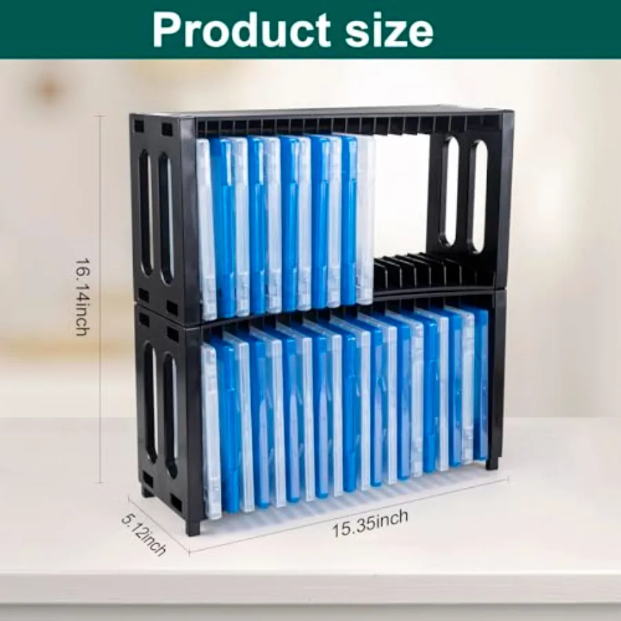 Rack de armazenamento de DVD empilhável com material ABS 2 pacotes de organizador de DVD para escritório doméstico e teatro comporta até 40 capas finas de joias de DVD