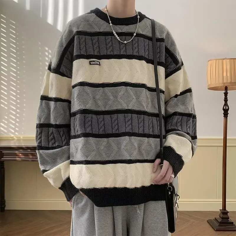 Striped Round Neck Straight Tube Youth Popular Sweater Sweater Men's Long Sleeve  New Fashion Winter Casual Pullover