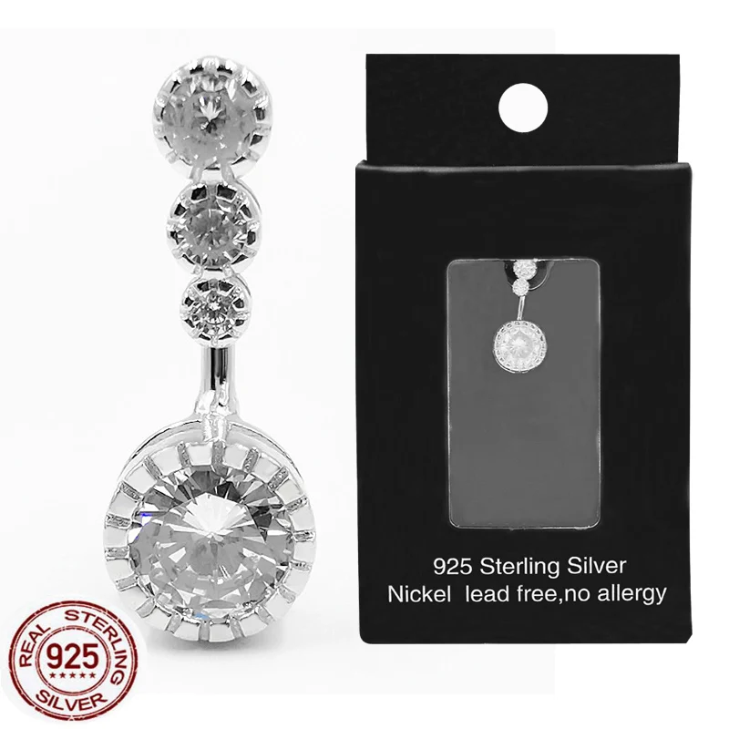 Cubic Zircon Navel Ring Bar Barbell Drop Dangle Body Piercing 925 Sterling Silver Belly Button Rings Women Body Jewelry