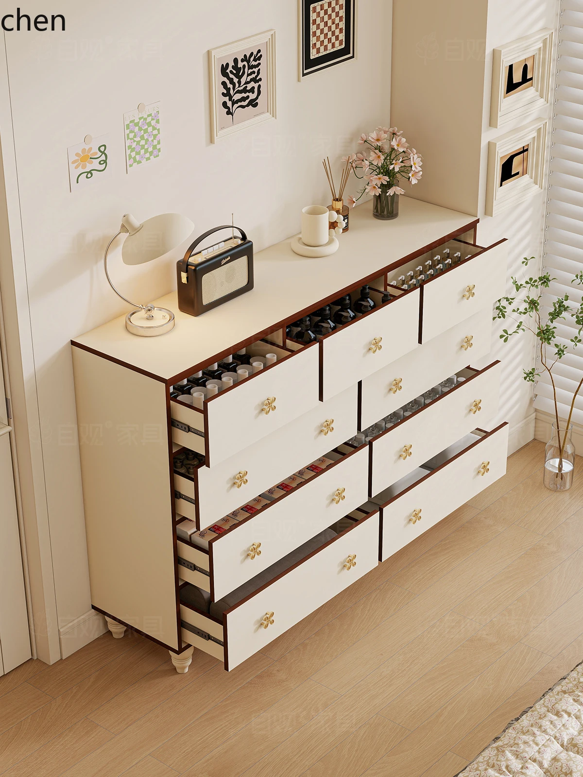 HT Vintage Nine-Drawer Cabinet Bedroom Wall-Mounted Storage Simple Organizer Bedside Living Room Side Cabinet