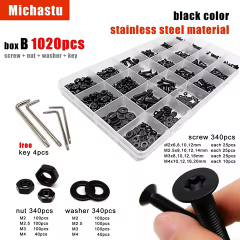 285/1020pc M2 M2.5 M3 M4 M5 GB2673 Black 304 A2 Stainless Steel Torx Flat Countersunk Head Screw Bolt Nut Set Assortment Kit Box