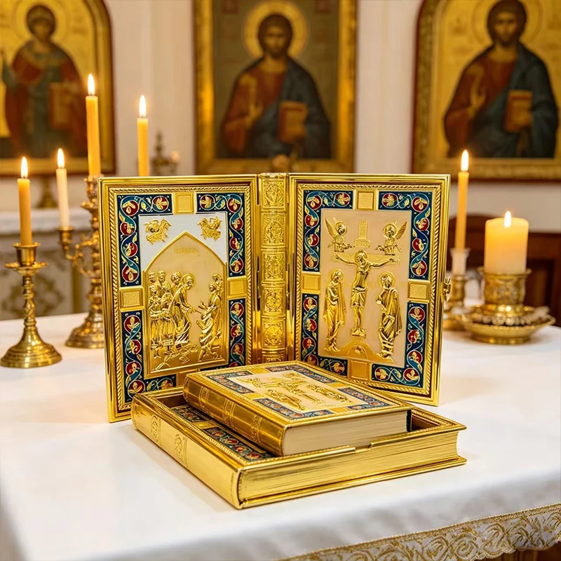 

Luxury Gold Plated Orthodox Bible Cover with Gold Embossed Icons for Church Liturgy Home Altar Prayer Devotion Christian Gift De