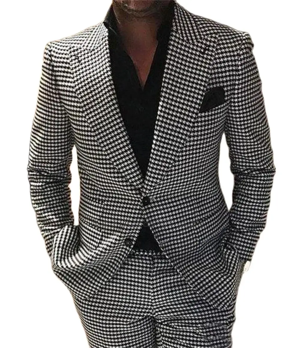 Plaid Men Suits for Wedding 2 Piece Houndstooth Checkered Groom Tuxedos Male Fashion Clothes 2024 Costumes Set Jacket with Pants