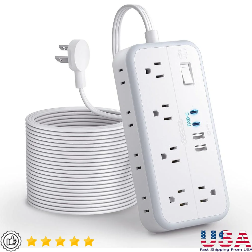 

Плоский удлинитель 25 футов, сетевой фильтр, 10 розеток переменного тока, 4 порта USB, 2 USB C, 3 боковой защиты от перегрузки, настенное крепление