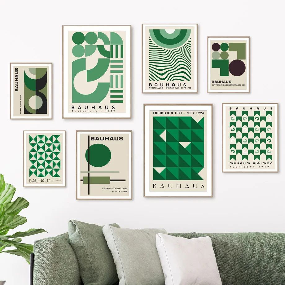 Green Bauhaus Geometric Wall Art Prints Canvas Painting Boho Abstract Exhibition Nordic Poster Wall Pictures Living Room Decor