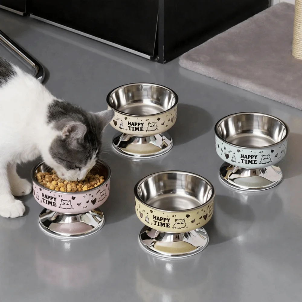 

Cartoon Pet High Foot Bowl Stainless Steel Large Capacity Cat Food Water Bowl Detachable Neck Protection Pet Food Bowl