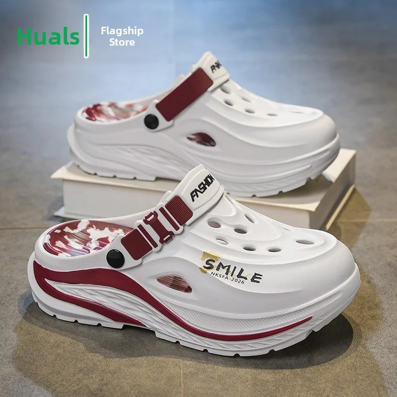 Men's Sandals Anti-Slip Thick Bottom Breathable Hole Shoes Driving Sports Leisure Big Size 45 Beach Slippers Open-Toe Slip-On