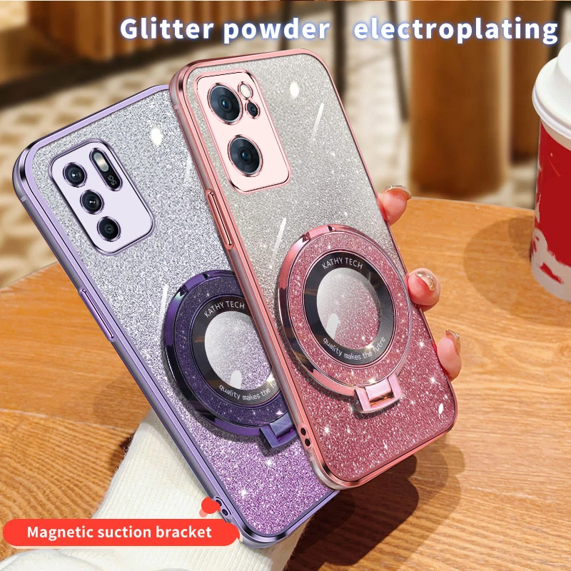 Reno7 Magnetic Glitter Plating Holder Phone Case On For Oppo Reno 2 Z 2Z 3 4 5 5K 6 6Z 7 SE Pro 4G 5G Reno6z Reno2 Reno5 Cover