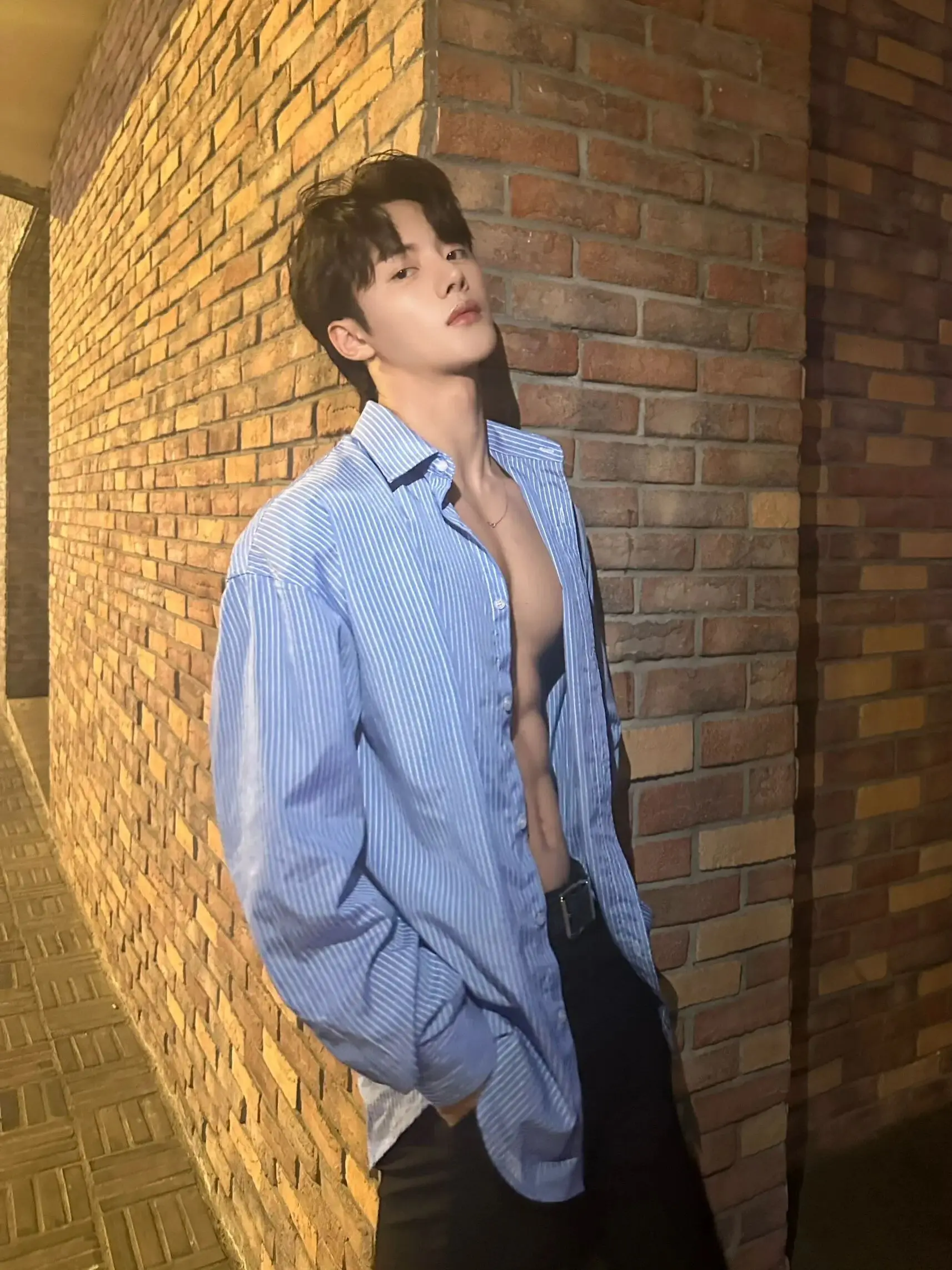 Blue Vertical Striped Long Sleeve Men's Shirt Summer Korean Style High Sensation Sun Protection Top Cleanfit Shirt Jacket