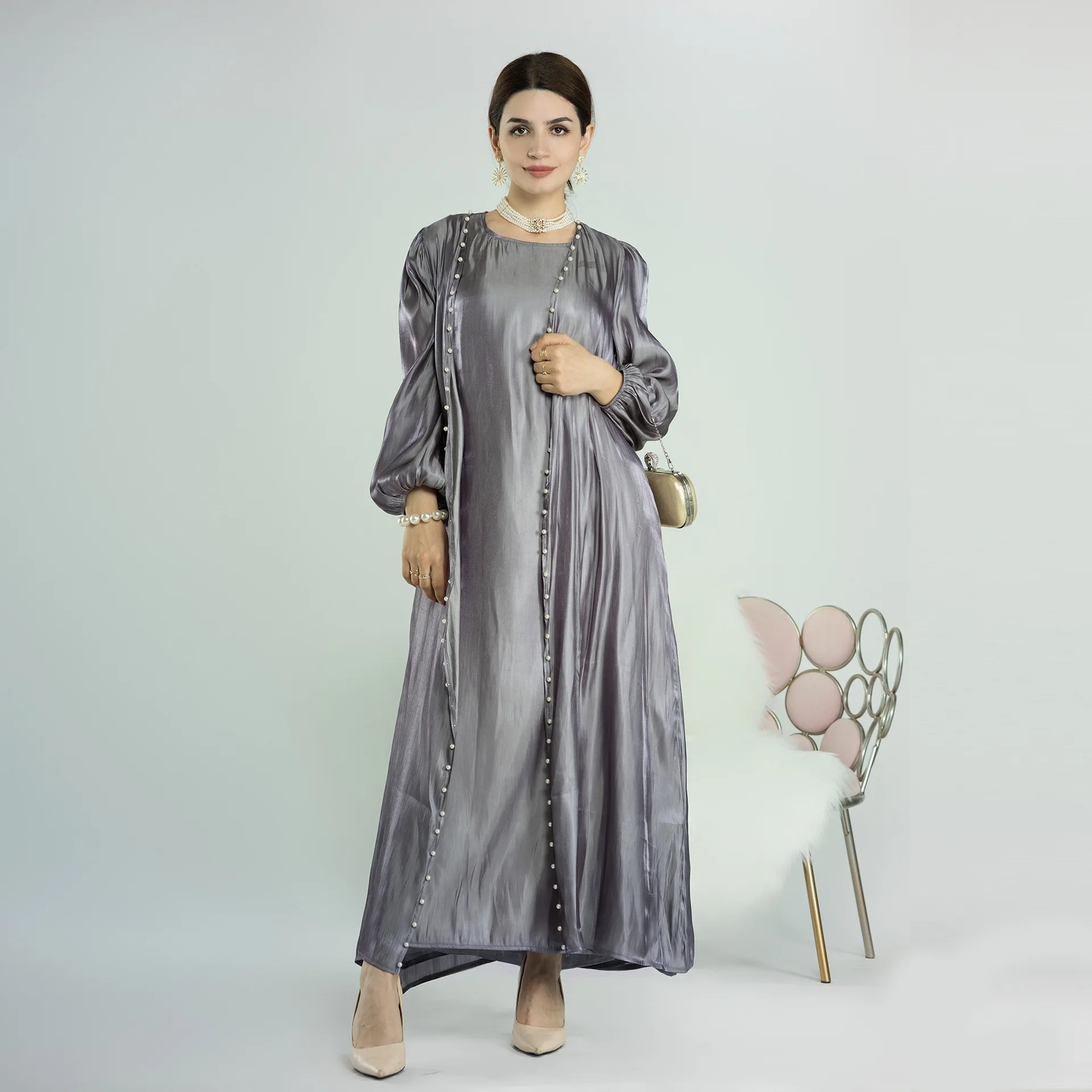 

Muslim 2 Pieces Abaya Set for Women Ramadan Eid-al-Adha 2024 New Solid Imitation Silk Vest Long Dress and Beaded Cardigan Robe