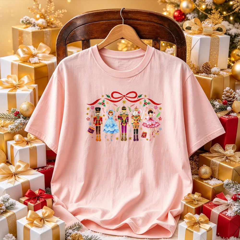 Nutcracker Ballet Characters Red Bow Holly Star Print Christmas Holiday Casual T-shirt Xmas Party Tops for Ballet Dance Lovers