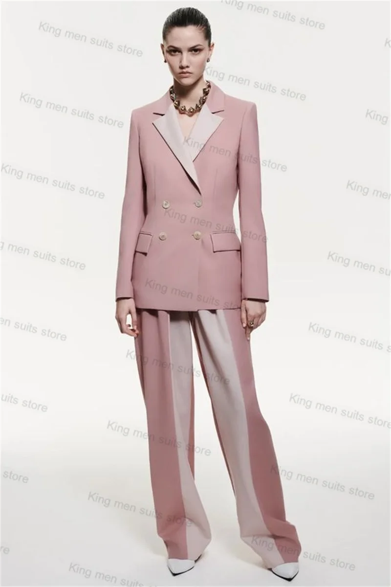 Elegant Pink White Women Suits Pants Set 2 Pieces Blazer+Trousers Wedding Tuxedo Prom Formal Double Breasted Coat Outfit Tailor