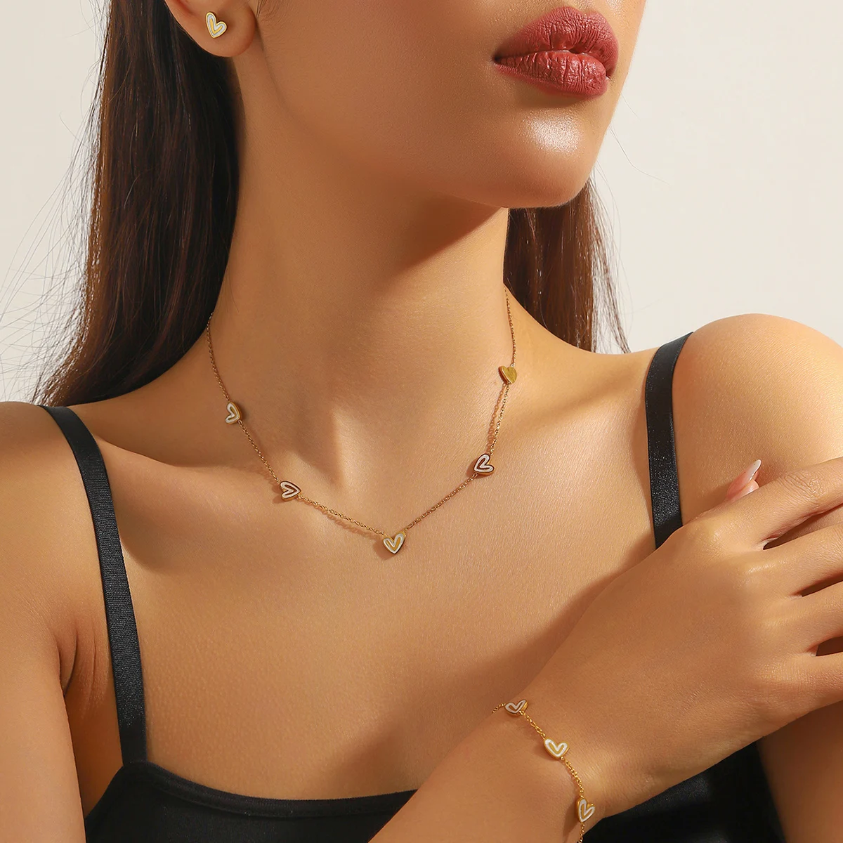 DIEYURO 316L Stainless Steel Minimalist Two-tone Heart-shaped Necklace Earrings Bracelet Set For Womens New Fashion Jewelry Gift