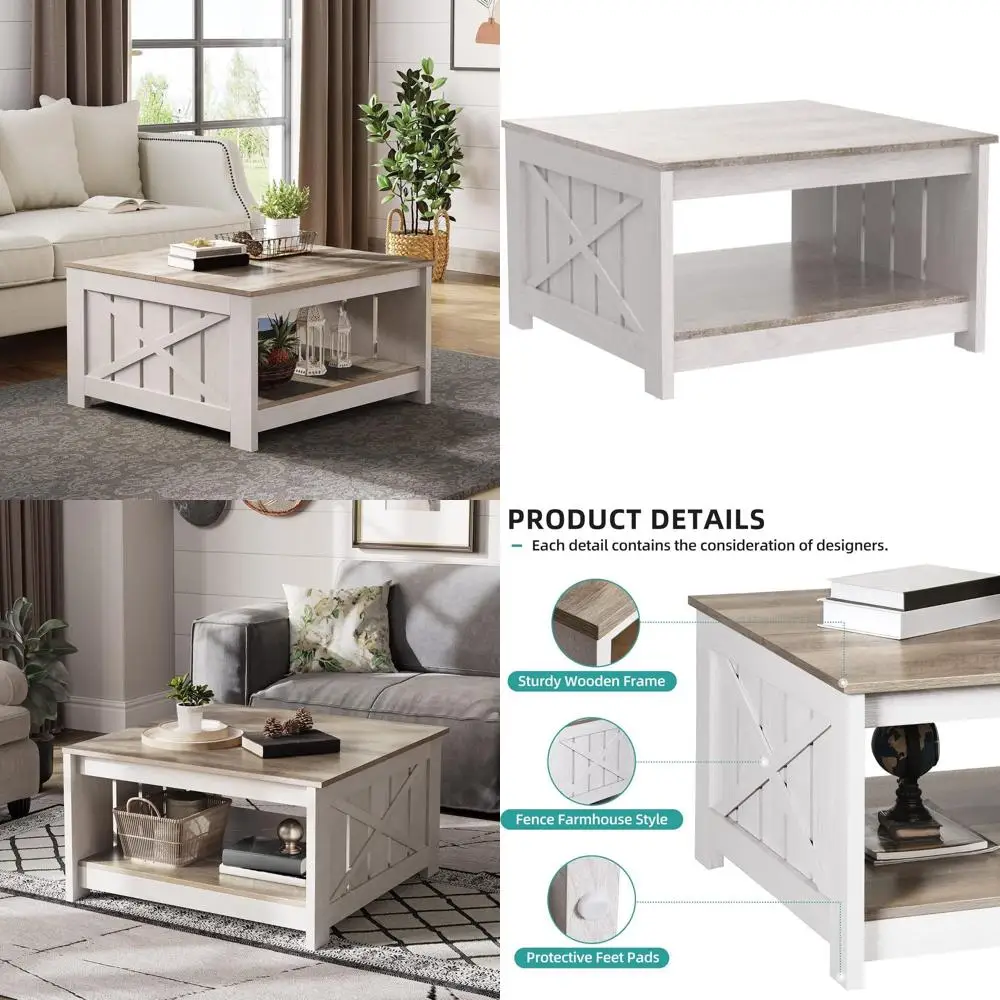 

Журнальный столик в стиле фермерского дома, серый, с эффектом состаривания, с полупрозрачным отсеком для хранения, для гостиной