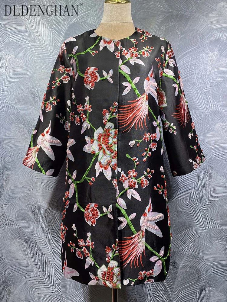 

DLDENGHAN женское жаккардовое пальто с бисером High Street, модная верхняя одежда на осень с круглым вырезом и рукавами 4/3, потайными пуговицами