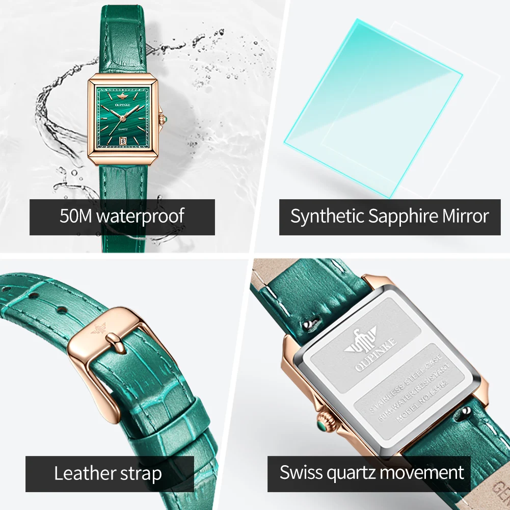 OUPINKE Women\'s Wrist Watch Quartz Watch For Women Green Leather Watches Top Brand Luxury Square Dial Waterproof Luminous